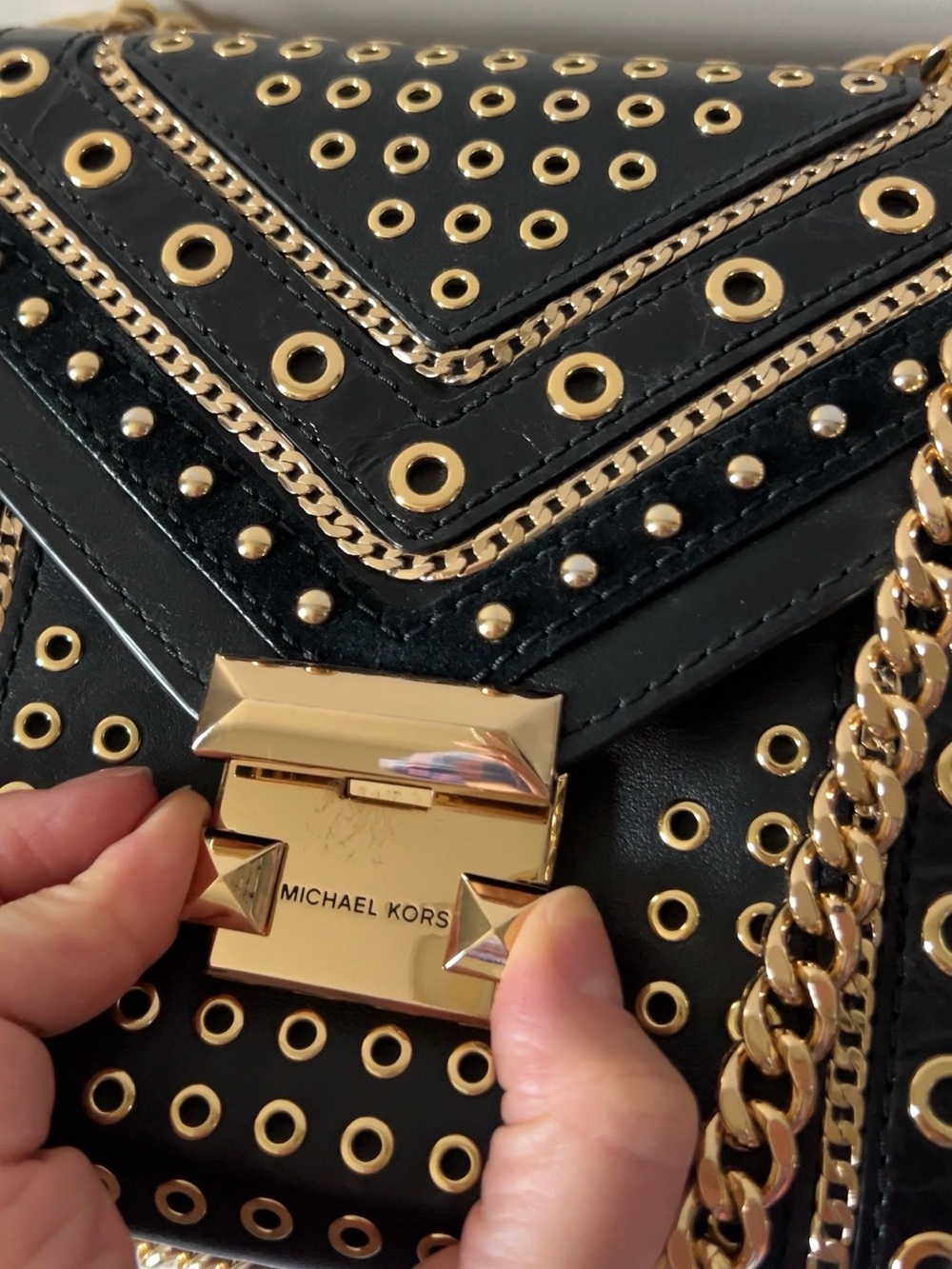 Michael Kors Whitney Black Leather Studded Grommet Chain Shoulder Crossbody Bag - Picture 6 of 14